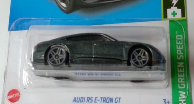 Hot Wheels Audi RS e-tron GT, gray, close up on the card